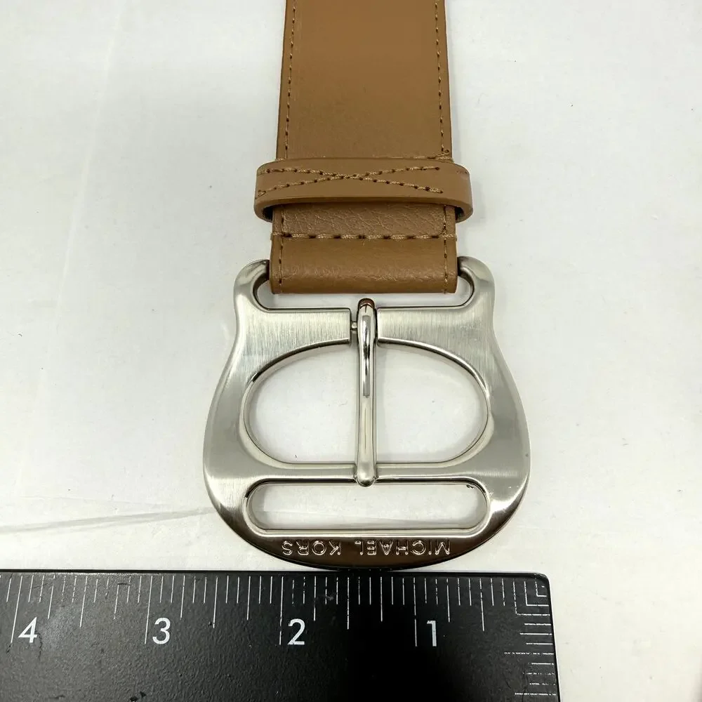 Michael Kors Women’s Tan Synthetic Leather Belt XL Silver Logo Buckle